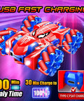 Front view of GDRic Spider RC Car, red and blue 2.4GHz 4WD stunt vehicle with LED lights
