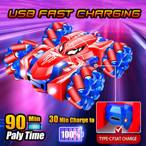 Front view of GDRic Spider RC Car, red and blue 2.4GHz 4WD stunt vehicle with LED lights