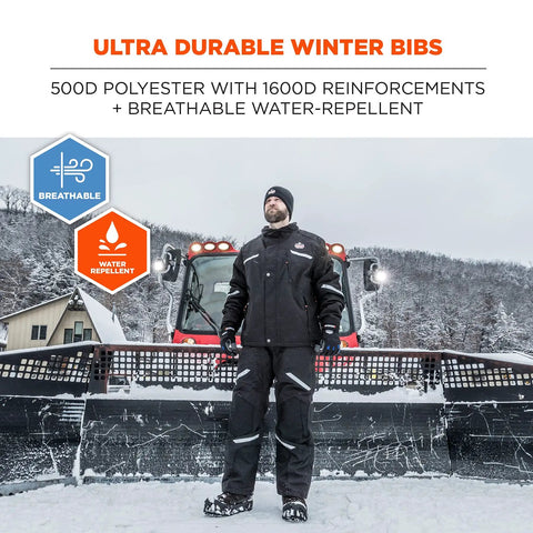 Man in black winter workwear in snow beside plow, Tough As Nails Heavy Duty Insulated Bib Overalls For Winter Workwear Black Size Small