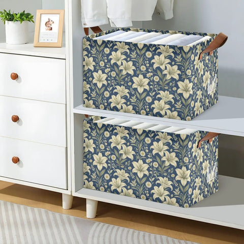 Game Changer Foldable Storage Bins For Shelves With Heavy Duty Steel Frame And Smooth Polyester Fabric Featuring Grab Handles in stylish floral design.