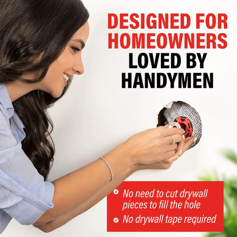 Woman using Innovative Drywall Repair Kit With 2 Inch Hole Patch And Spackle For Easy Wall Fixes No Drywall Or Tape Needed Patch Filler
