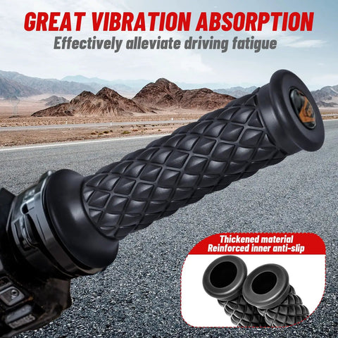 Vintage Non Slip Motorcycle Handlebar Grips For Left 7/8 Inch 22mm And Right 1 Inch 24mm Bars Durable Rubber Open End Black Grippy Texture For A Smooth Comfortable Ride close-up view installed on motorcycle