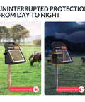 Portable Solar Fence Charger With Day Night Mode Up To 10 Miles Of Coverage, 0.16J Energizer shown on T-post during day and night