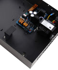 Inside view of the Heavy Duty Access Control Power Supply Box with circuit board, fuses, and connections for Wiegand systems.