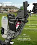 Badass Electric Golf Cart With Smart Follow Tech And Bluetooth Remote Control showing cup and phone holder accessories.