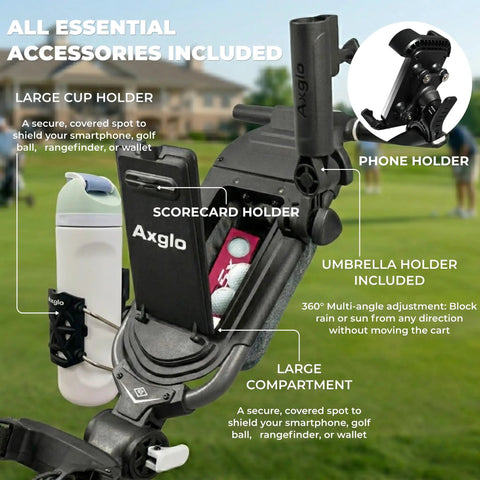 Badass Electric Golf Cart With Smart Follow Tech And Bluetooth Remote Control showing cup and phone holder accessories.