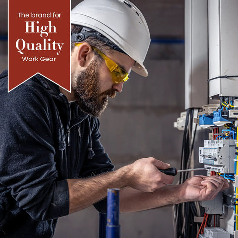 Electrician working on circuit with screwdriver, wearing safety gear, focused on precision in a high-quality work environment