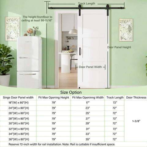 28 Inch By 80 Inch Mirror Barn Door With 72 Inch Track Kit Built To Last Solid Core MDF Sliding Door For Closet And Kitchen Paintable White Panel With Sound And Thermal Insulation Easy To Clean, installed in a kitchen.
