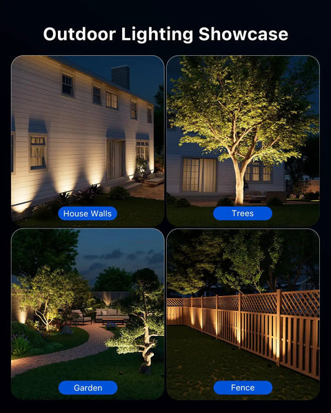 Outdoor display of Six Pack Low Voltage Landscape Well Lights With Glare Shield illuminating house walls, trees, garden, and fence.