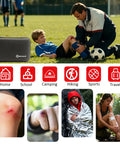 Grab And Go First Aid Kit Ultra Portable Compact Waterproof Emergency Supplies For Home Car Travel Camping Truck Hiking Sports Office And Outdoor Use In Black shown during sports use, with close-up of kit contents and usage scenarios.