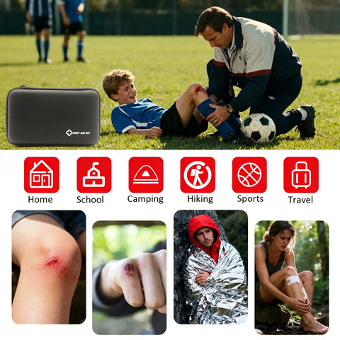 Grab And Go First Aid Kit Ultra Portable Compact Waterproof Emergency Supplies For Home Car Travel Camping Truck Hiking Sports Office And Outdoor Use In Black shown during sports use, with close-up of kit contents and usage scenarios.