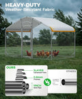 Walk In Metal Chicken Coop With Run For Yard, Weatherproof Spire Roof Cage, heavy duty steel frame with UV cover shown in field