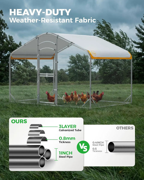 Walk In Metal Chicken Coop With Run For Yard, Weatherproof Spire Roof Cage, heavy duty steel frame with UV cover shown in field