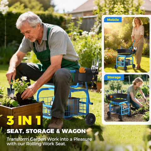 Rollin Garden Seat With Wheels For Seniors And Gardening Gearheads in use, 360 Degree Swivel Seat, backrest, tool basket, adjustable handle.