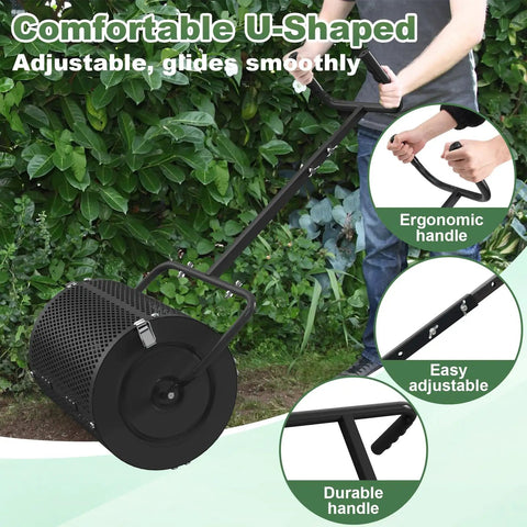 Lightweight 24 Inch Compost Spreader with U Shaped Handle and Durable Metal Mesh Basket Perfect for Spreading Topsoil Fertilizer