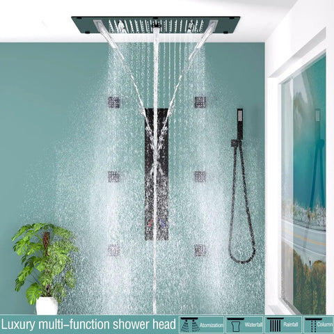 Premium Matte Black Shower Setup With A Heavy Rainfall Head And Adjustable Handheld Sprayer Dual Body Jets Plus Six Function Valve with cascading water.