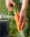 Person washes carrots using Foldable 12L Solar Heated Camping Shower Kit With Removable Hose And Showerhead For Beach Trips Hiking Travel