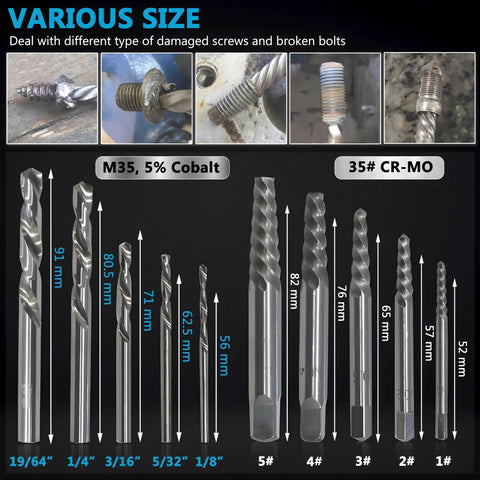 Various sizes of Left-Hand Drill Bit And Screw Extractor Set For Stripped Screws And Broken Bolts, Heavy-Duty Easy Out Kit M35 Cobalt HSS.