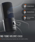 Hand adjusting volume knob on USB Condenser Microphone For Mac And Windows, Plug And Play Cardioid USB Mic For Vocals, Streaming.