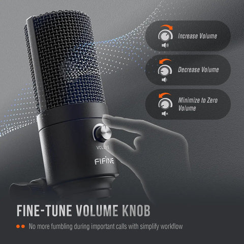 Hand adjusting volume knob on USB Condenser Microphone For Mac And Windows, Plug And Play Cardioid USB Mic For Vocals, Streaming.
