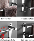 Collage of Retractable Towel Bar Rack In Stainless Steel 304 with hooks and adjustable length on wall.