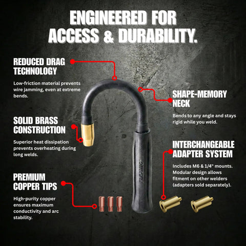 10 Inch Flexible MIG Gun Extension For Tight Spaces Pro Grade Heavy Duty Universal Fit For Gas And Flux Core Welding With Patented Low Restriction Design, featuring solid brass construction, premium copper tips, and shape-memory neck for durability.