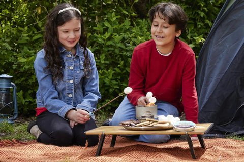 Children enjoying On The Go S'mores Portable Campfire Kit For Easy Outdoor Treats That Make S'mores A Breeze at a campsite.