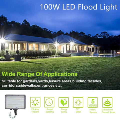 2 Pack 100W LED Flood Light With Knuckle Outdoor Dusk To Dawn Photocell 5000K 14000 Lumens illuminating house exterior