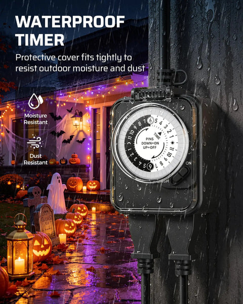 Solid 24 Hour Mechanical Timer Outlet Featuring Dual Grounded Outlets And 15 Amp Capacity For Yard Work, waterproof cover against moisture.