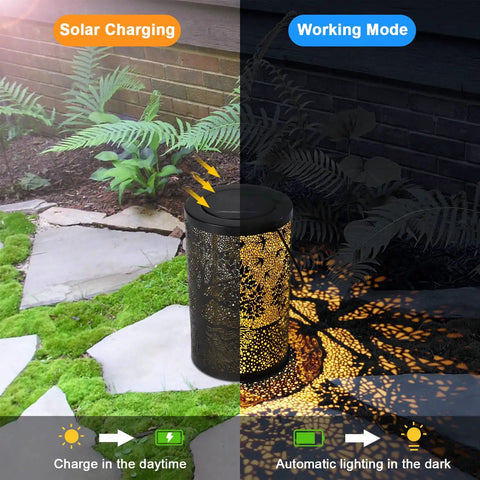 Outdoor Solar Lantern With Waterproof Build Hang Or Stand Light showing solar charging and nighttime lighting with patterns