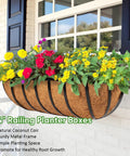 4 Pack 24 Inch Railing Planter Window Box With Coconut Coir Liner hanging on white wall with colorful flowers