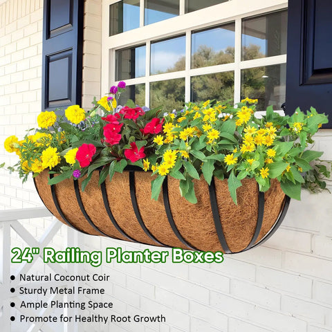 4 Pack 24 Inch Railing Planter Window Box With Coconut Coir Liner hanging on white wall with colorful flowers