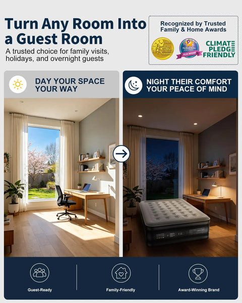 Day and night room transformation with Queen Air Mattress With Built In Pump And 18 Inch Raised Design Inflatable Blow Up Bed For Home Or Camping Upgraded Surface Portable And Easy Setup Ideal Sleep Solution For Guests