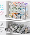 Cabinet Water Bottle Organizer With Large Compartments, Stackable Tumbler Holder for 40oz Jugs neatly organizing bottles in cabinet