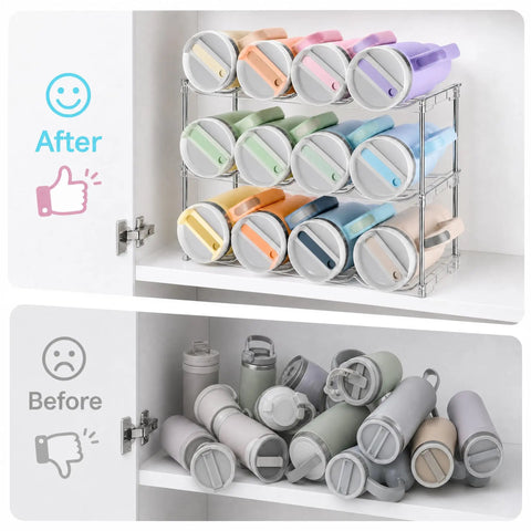 Cabinet Water Bottle Organizer With Large Compartments, Stackable Tumbler Holder for 40oz Jugs neatly organizing bottles in cabinet