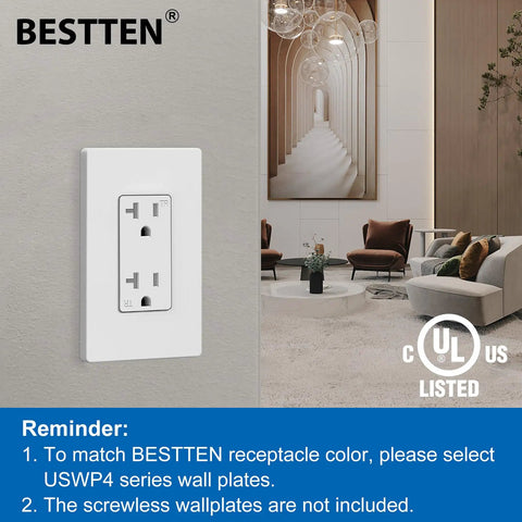 Workhorse 20 Amp Decorator Tamper Resistant Wall Outlet For Home And Biz Use, mounted on a living room wall