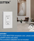 20 Amp Decorator Receptacle Outlet Set With Tamper Resistant For Safety, 125V 2500W, Includes 20 Pack, Color Matched To USWP4 Series Wall Plates, Built To Last, Plug And Play Ready, Ideal For Home And Office Wiring. White TR duplex outlet on wall plate