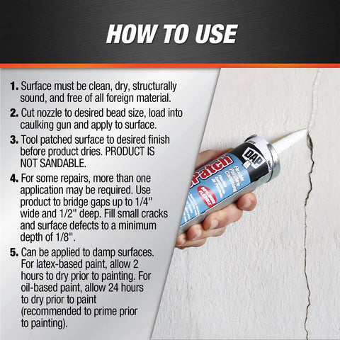 Instructions for ElastoPatch Smooth Flexible Patching Compound White 10.1 Oz Crack Filler For Drywall Plaster Stucco application.