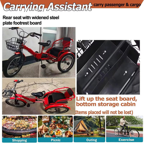 Folding Cruiser Trike For Kids Aged 2 To 10 With Dual Brakes, Three Wheel Rickshaw Pedal Tricycle, rear seat, steel footrest