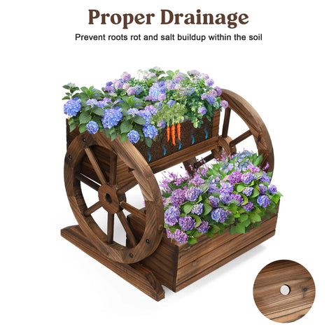 Wooden Wagon Planter Box With Wheels For Indoor And Outdoor Patio Garden Decor Ideal For Flowers Herbs Vegetables And Succulents A Charming Mobile Flower Cart To Brighten Balconies Decks And Entryways with vibrant purple flowers and proper drainage feature.