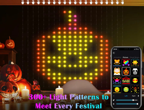 Smart Curtain Lights 400 LED Color Changing 6.6ft By 6.6ft With App And Remote, Halloween pumpkin display