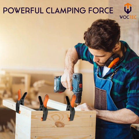 WOCTEC four-pack 6-inch orange-and-black plastic spring clamps for woodworking