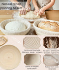 All-In-One Sourdough Starter Kit With Enameled Cast Iron Dutch Oven, Digital Scale, And 4 Banneton Proofing Baskets, Beginner Guide, Sling, 34oz Starter Jar, The Ultimate Bread Making Gift Set For Home Bakers; dough being shaped with rattan proofing baskets