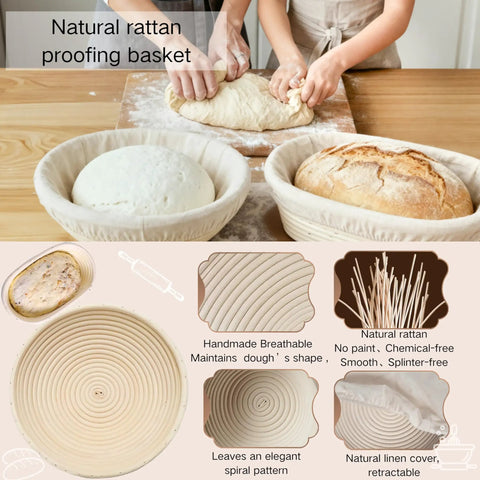 All-In-One Sourdough Starter Kit With Enameled Cast Iron Dutch Oven, Digital Scale, And 4 Banneton Proofing Baskets, Beginner Guide, Sling, 34oz Starter Jar, The Ultimate Bread Making Gift Set For Home Bakers; dough being shaped with rattan proofing baskets