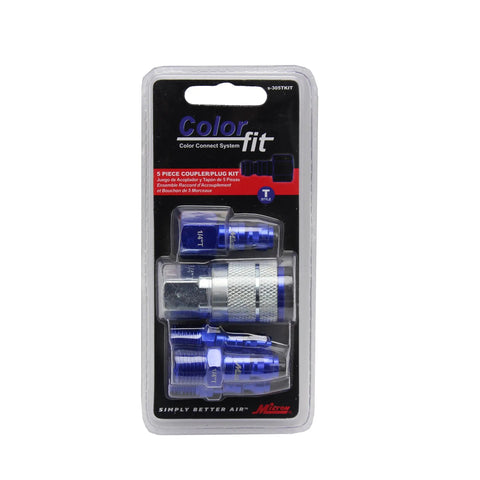 Package of Five Piece T Style Air Coupler And Plug Kit In Blue One Quarter Inch NPT Pro Grade Durable Anodized Steel Color Coded