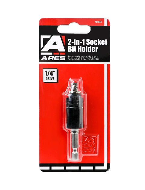 Packaging of 2 In 1 Socket Bit Holder For One Quarter Inch Drive Sockets And Bits With Quick Change Mechanism in red and black design.