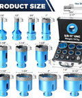 ACFAN 12‑pc diamond tile hole saw kit; blue diamond‑coated cores, 1/4"–2-1/2", 5/8"-11 UNC, in carry case