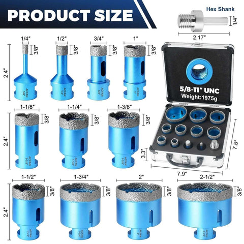 ACFAN 12‑pc diamond tile hole saw kit; blue diamond‑coated cores, 1/4"–2-1/2", 5/8"-11 UNC, in carry case