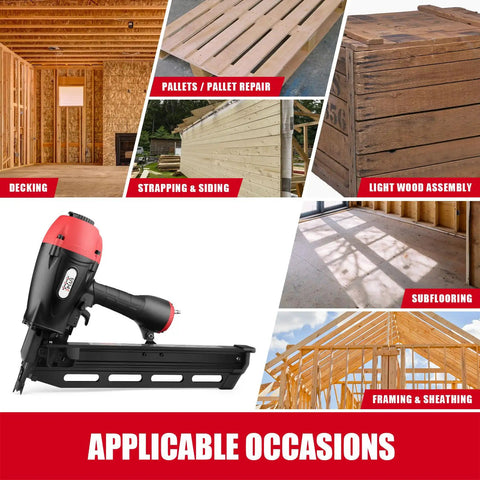 21 Degree Full Round Head Framing Nailer With 2 Inch To 3 And A Half Inch Nails Tool Free Depth Adjustment 360 Degree Exhaust No Mar Tip Dry Fire Ready For Framing Siding Decking Projects showcased with various building applications.