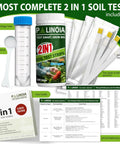 All In One Soil pH And Nitrogen Testing Kit 100 Pack Resealable Pouches Fast Accurate pH Tester For Garden Lawn And Plants Includes Spoon And Tube For Easy At Home Soil Checks image showing a kit with soil sampling spoon, centrifuge tube, test strips, user guide, and reference tables.